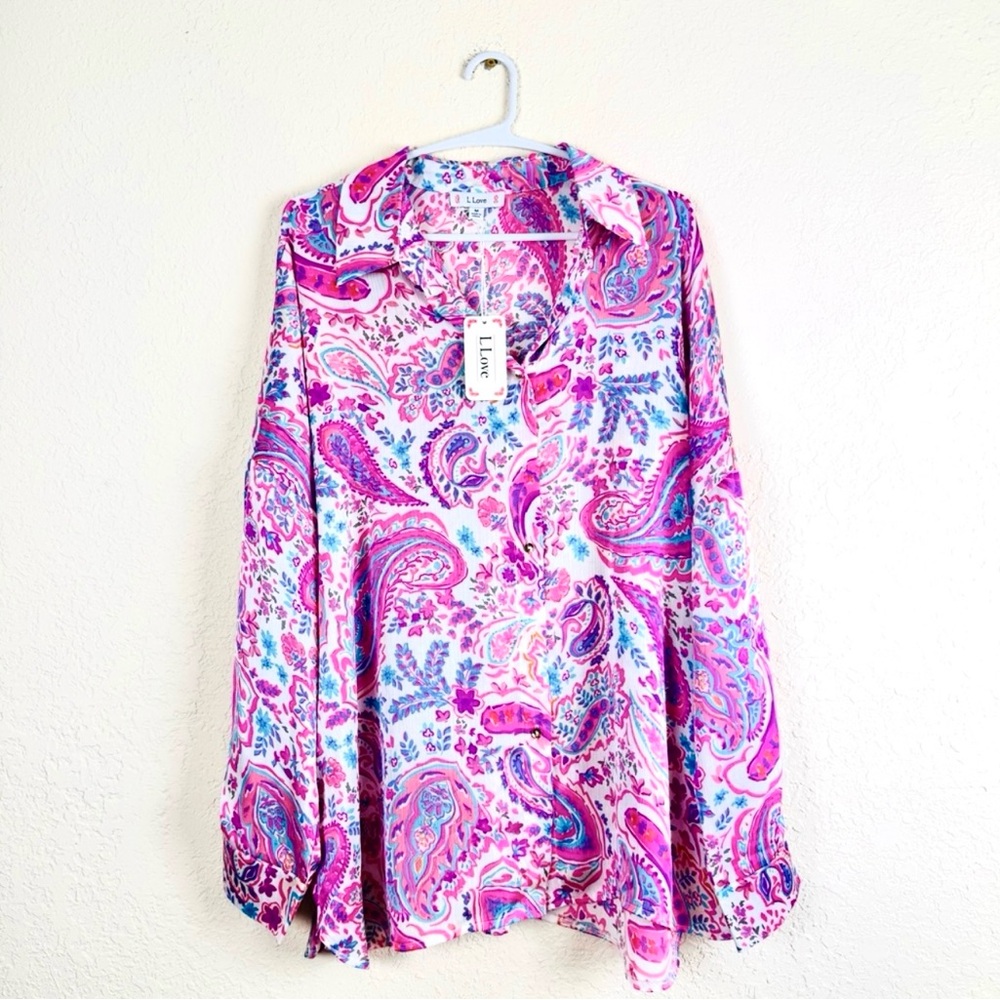 L Love Vibrant Pink Paisley Blouse Women’s Medium